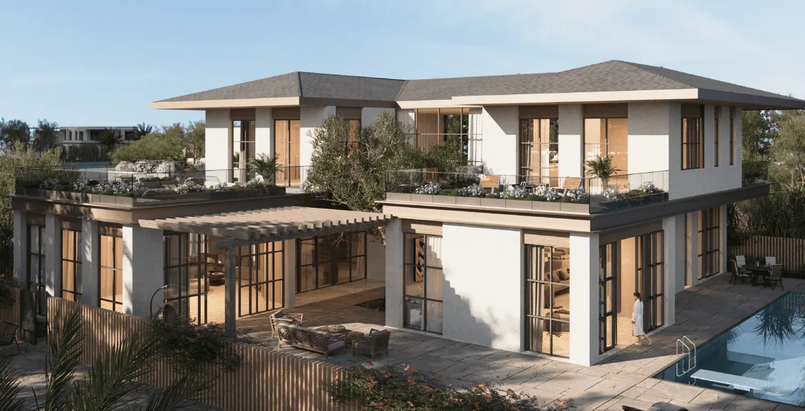 Al Naseem catalogue image: two-storey villa with a pergola terrace and pool, developer image via catalogue