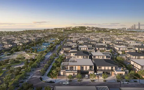 Al Naseem: aerial view of the villa streets towards the Abu Dhabi skyline, Modon image from the Al Naseem Community payment plan