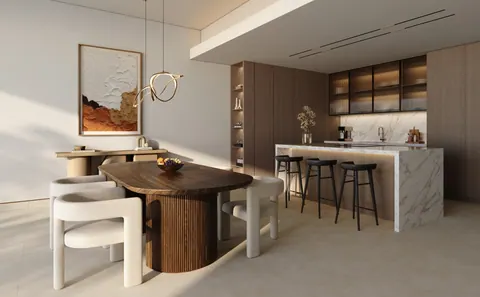 Bashayer Residences: apartment kitchen and dining table, developer render