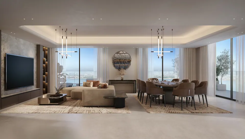 Bashayer Residences: penthouse living and dining room, developer render