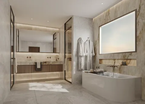 Bashayer Residences: penthouse master bathroom, developer render