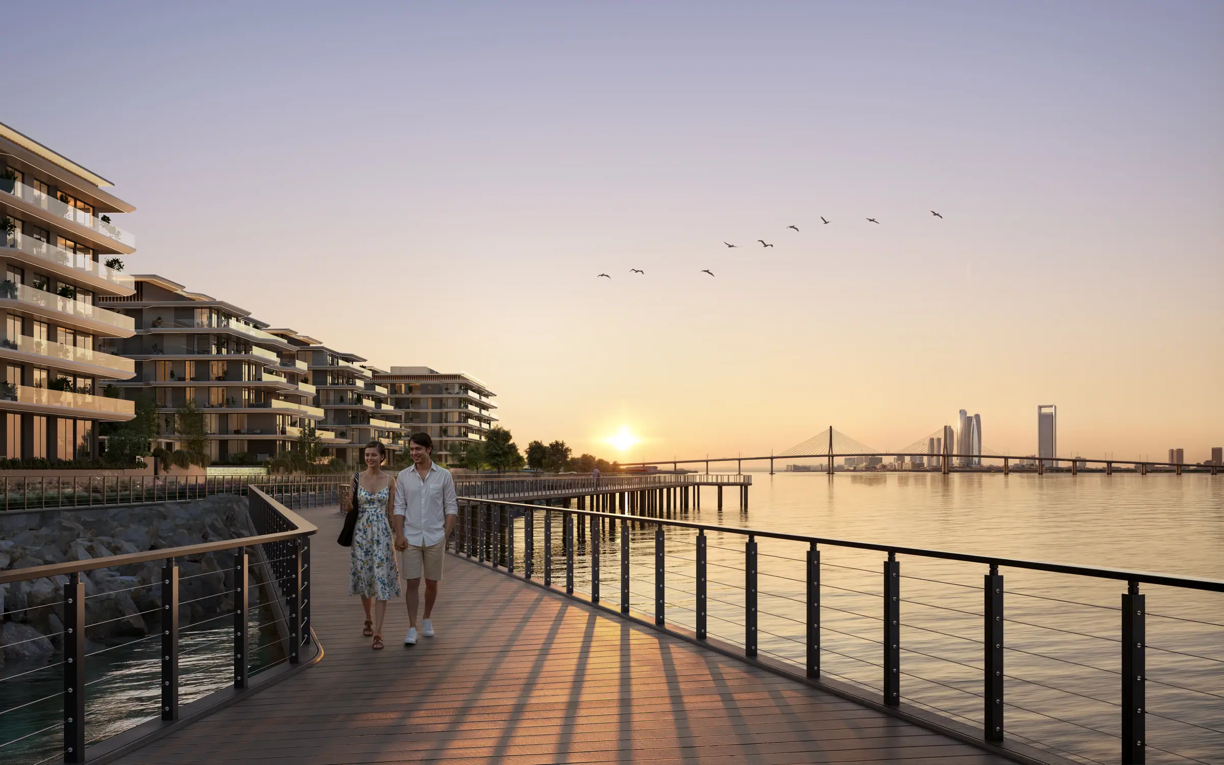 Bashayer Residences: timber boardwalk and pontoon at sunset with the city skyline, developer render