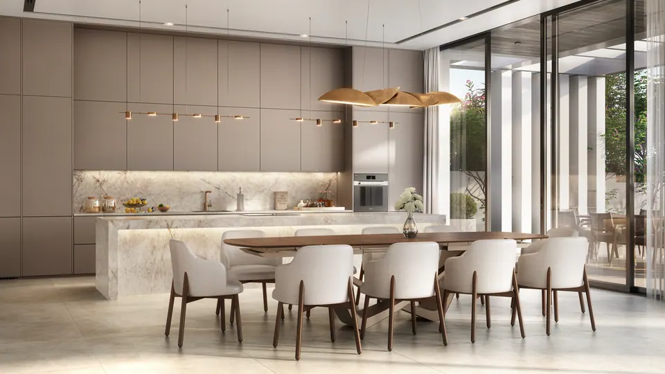 Bashayer Villas: open-plan kitchen and dining room, developer render
