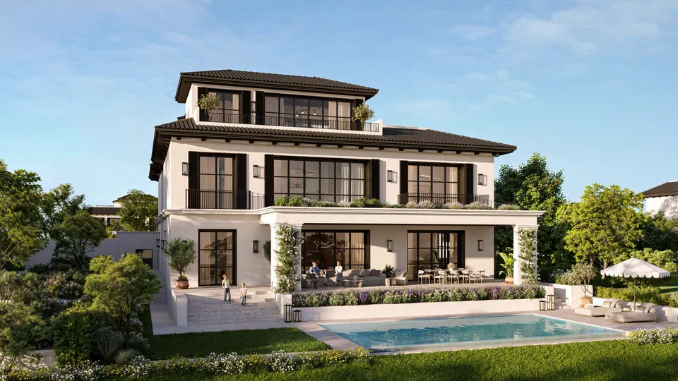 Hudayriyat Golf Estates: rear of a Fairway Villa with its pool by day, Modon image from the Fairway Villas brochure