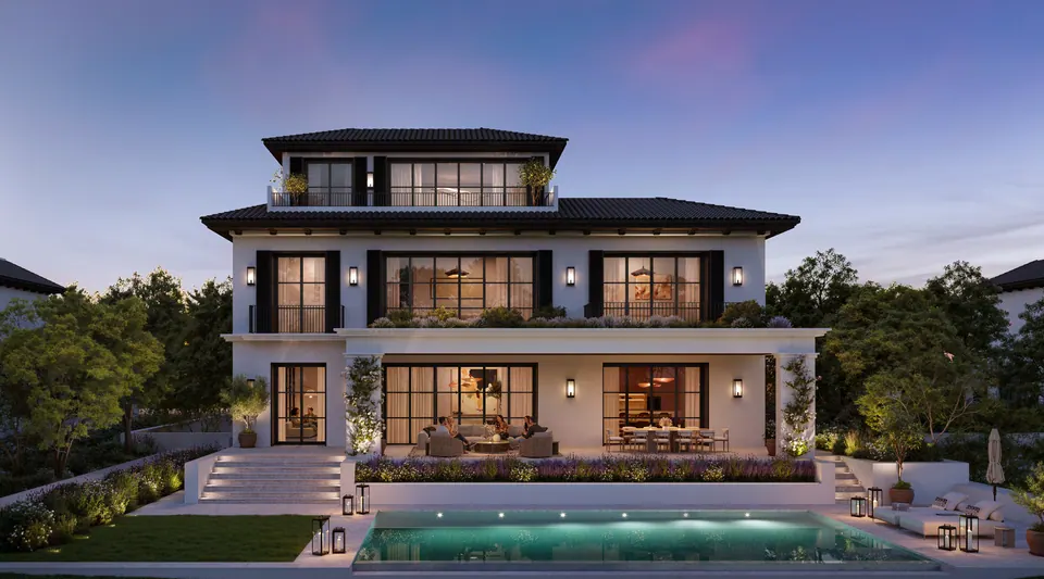 Hudayriyat Golf Estates: rear of a Golf Mansion with its pool at dusk, Modon image from the Golf Mansions brochure