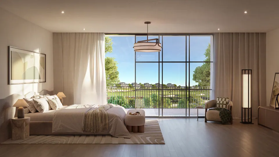 Hudayriyat Golf Estates: master bedroom opening to a balcony over the course, Modon image from the Golf Mansions brochure