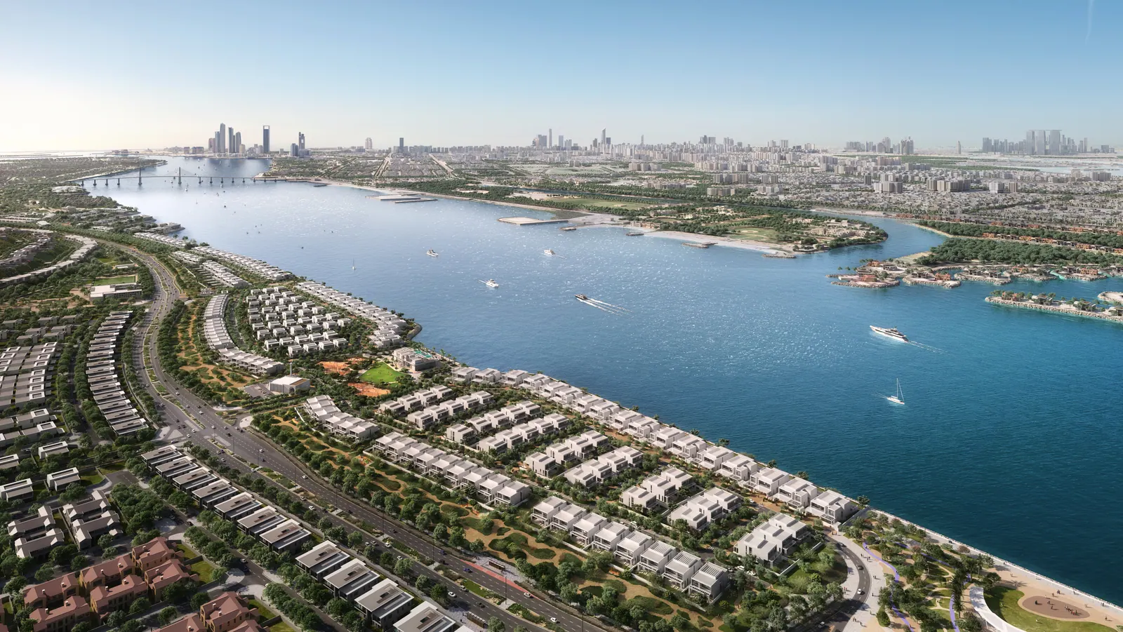 Hudayriyat Island: high aerial over villa rows, a mosque and Al Naseem towards the Abu Dhabi skyline, developer render