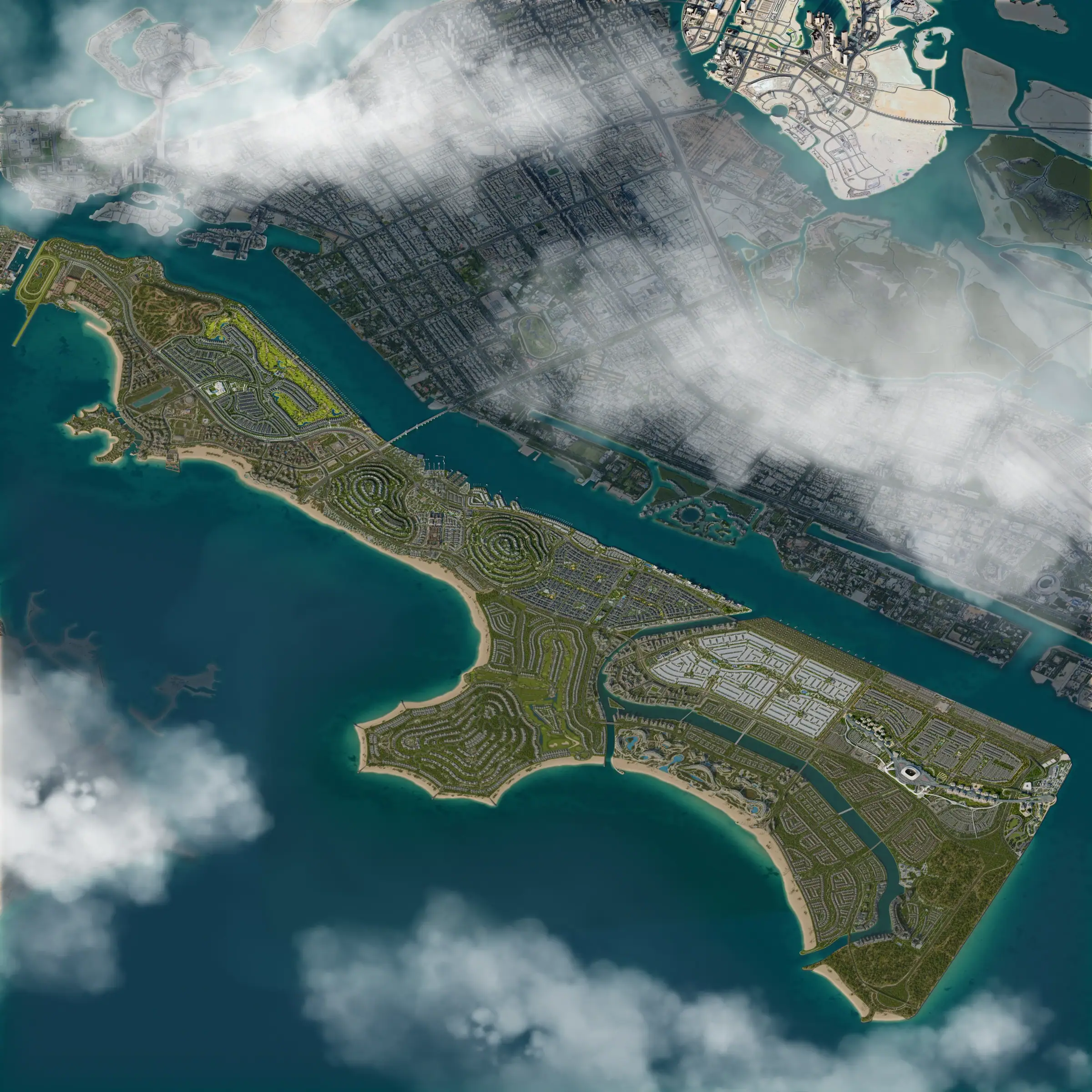 Hudayriyat Island from the air: the whole island from the golf precinct at the north-west tip to Wadeem in the east, with Abu Dhabi city beyond, developer render