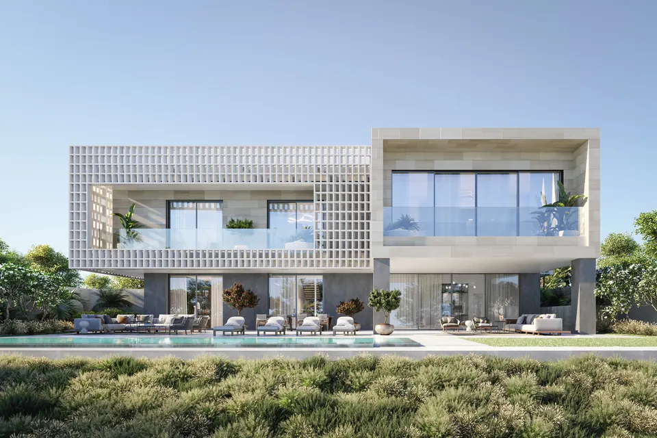 Nawayef Heights: the same villa rear shown with the standard plot, developer render