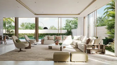 Nawayef Homes: villa living room opening to the garden, developer render