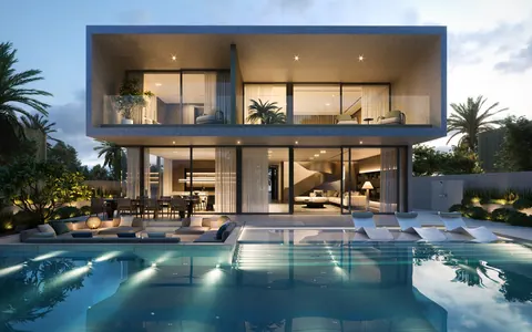 Nawayef Homes: villa rear with a lit pool at dusk, developer render