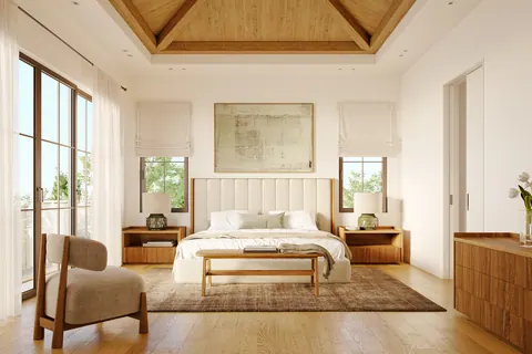 Nawayef Homes: villa bedroom under a timber ceiling, developer render