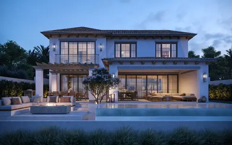 Nawayef Homes: villa rear with terraces and pool at dusk, developer render