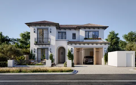 Nawayef Homes: villa street front with a tiled roof and arched entrance, developer render