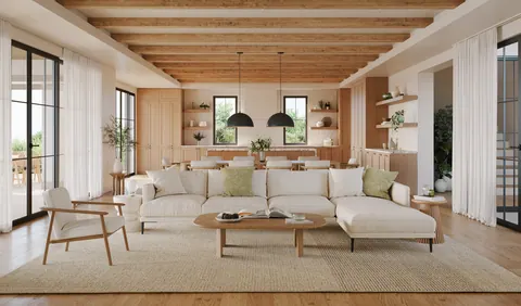 Nawayef Homes: villa living and dining room with timber beams, developer render