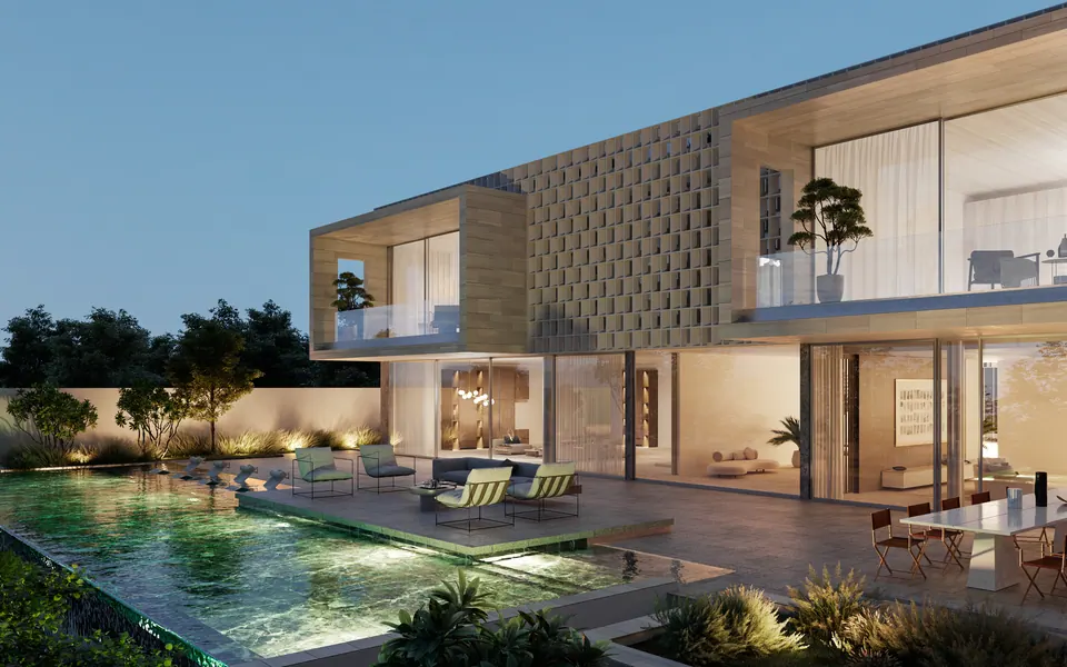 Nawayef Mansions: rear of a Mansion T3 with its pool, G+1 form, developer render