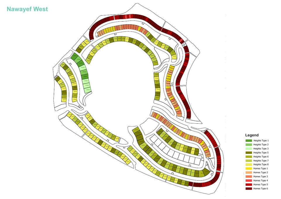 Modon's masterplan drawing of Nawayef West with plots coloured by villa type (legend in text below)