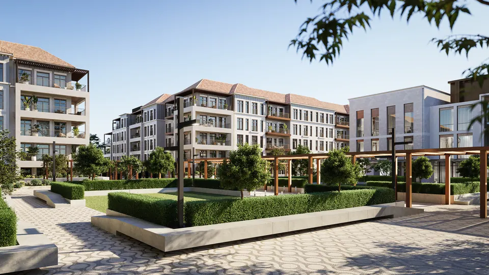 Nawayef Park Views: courtyard gardens with planted beds and pergolas between the apartment buildings, developer render