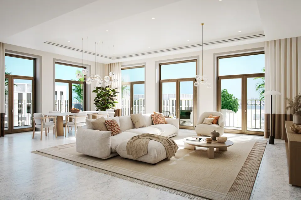 Nawayef Park Views: the same apartment living room in the evening, developer render