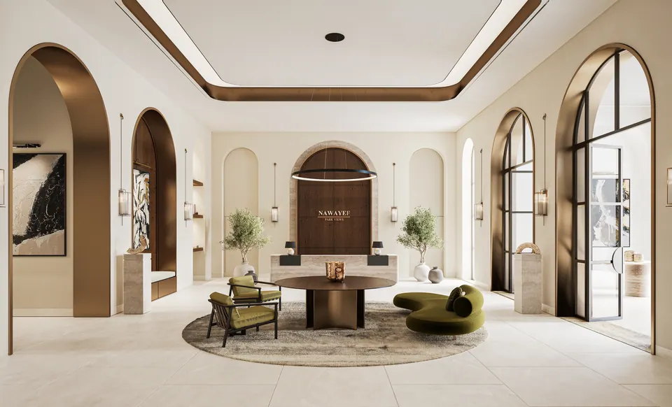Nawayef Park Views: residents’ lobby with arched openings and lounge seating, developer render