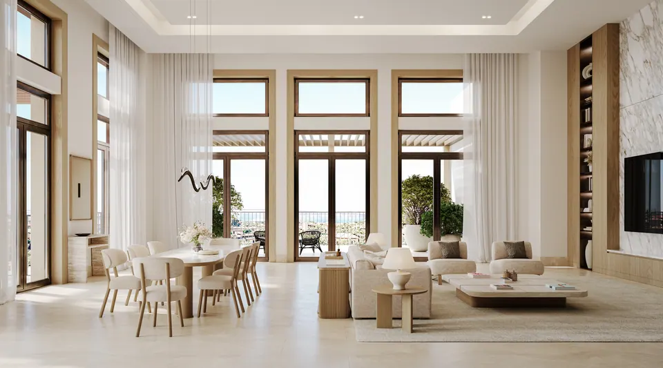 Nawayef Park Views: open-plan apartment living and dining room in daylight, developer render