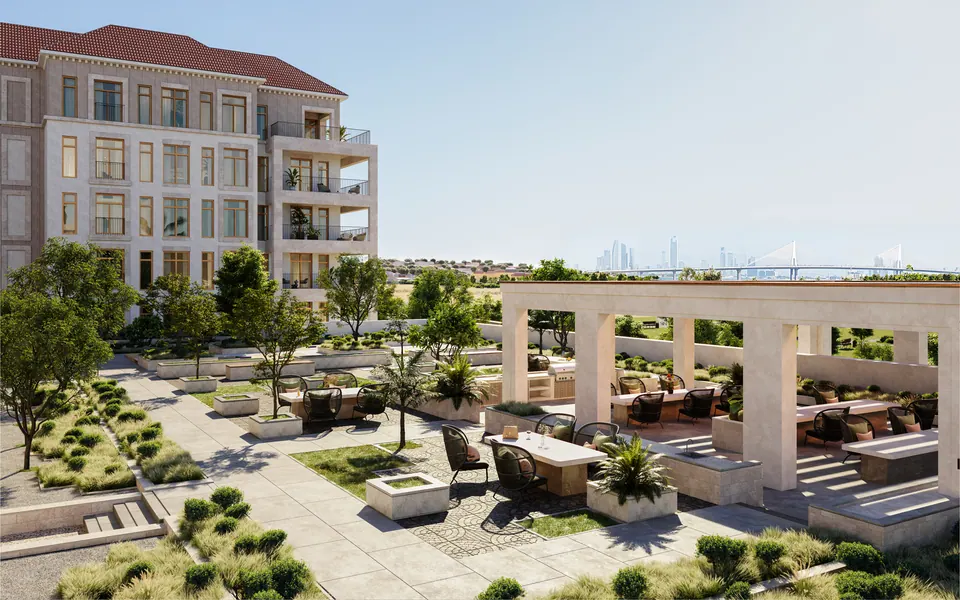 Nawayef Park Views: garden terrace with a pergola and barbecue area, developer render