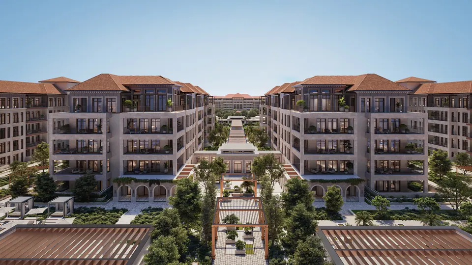 Nawayef Park Views: apartment blocks on either side of a long landscaped central garden, developer render
