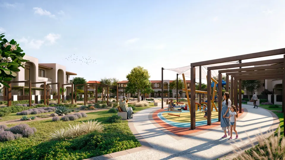 Nawayef Village: park with pergolas and a children's play area, developer render