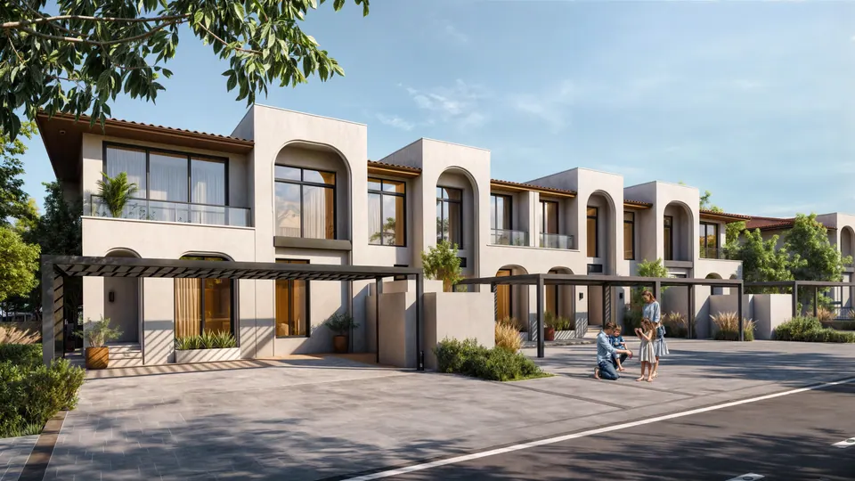 Nawayef Village: townhouses with arched loggias facing the street, developer render