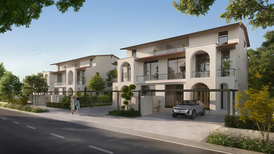 Nawayef Village: three-storey homes along a residential street, developer render