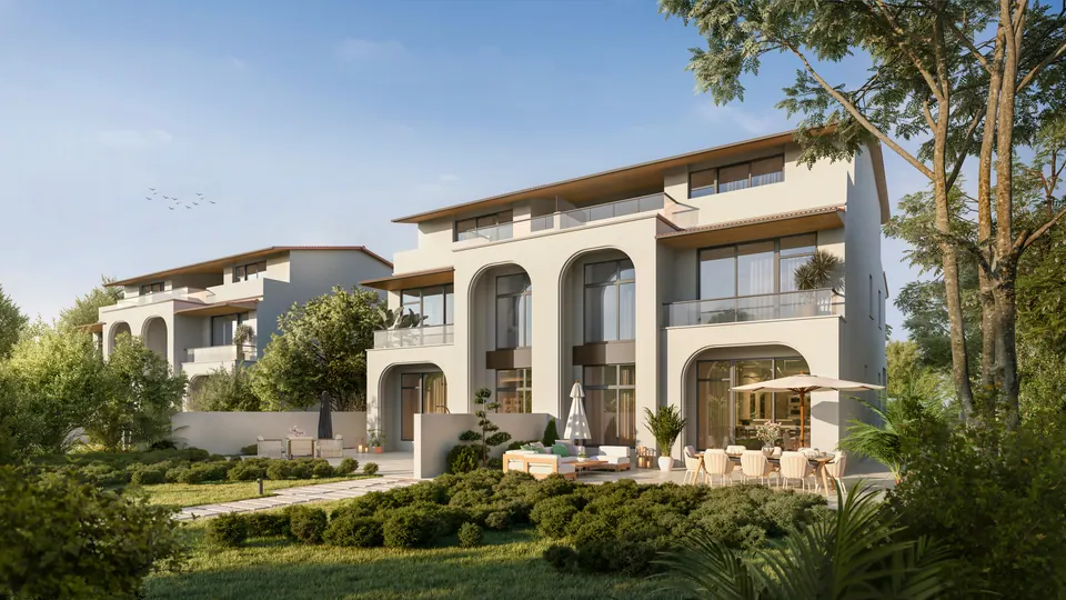 Nawayef Village: townhouse facade framed by trees, developer render