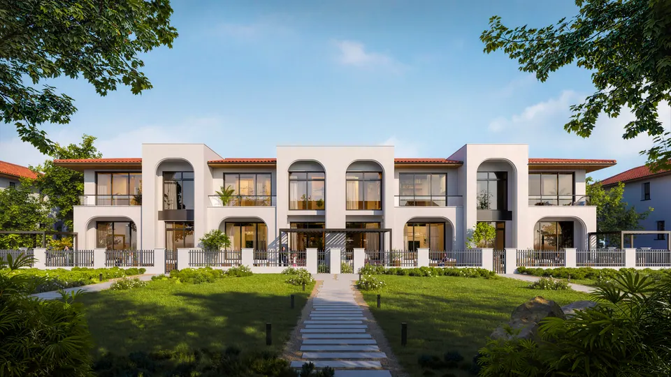 Nawayef Village: terrace of townhouses behind a lawn and footpath, developer render