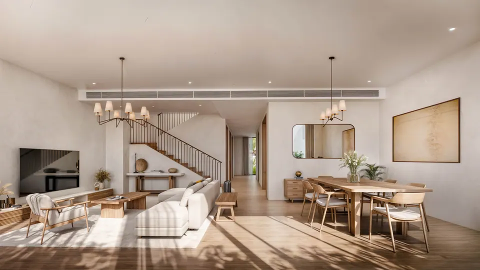 Nawayef Village: open-plan living and dining room, developer render