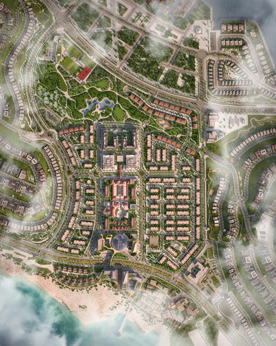 Nawayef Village: top-down daytime view of the village layout, developer render