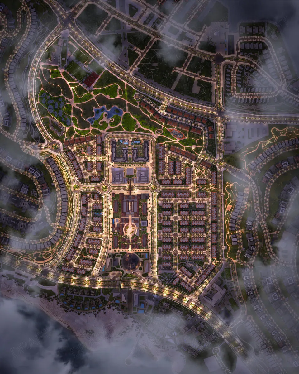 Nawayef Village: top-down night view of the village layout, developer render