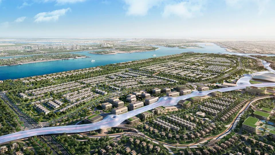 Wadeem Gardens: aerial view over the villa clusters towards the water and the Abu Dhabi skyline, developer render