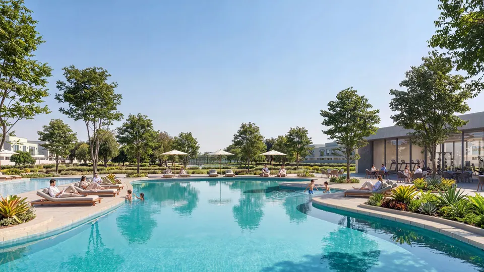 Wadeem Gardens: swimming pool with sun loungers among palms and gardens, developer render
