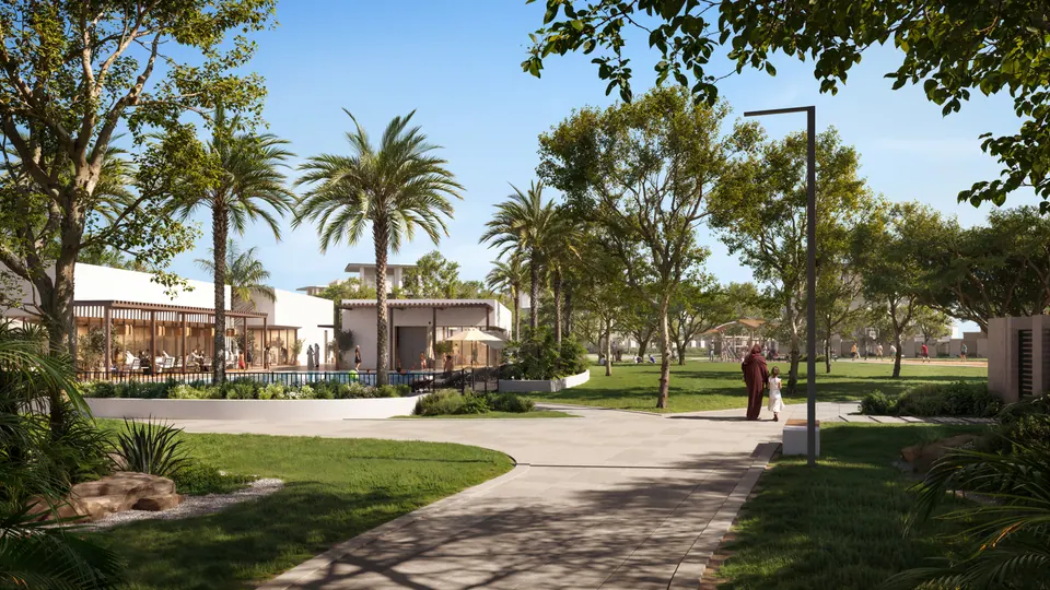 Wadeem: park with palms in front of a mosque, developer render