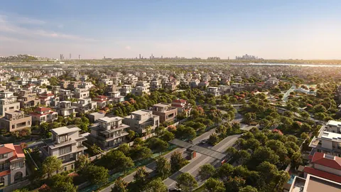 Wadeem: aerial view over the villa plots and tree-lined streets, developer render