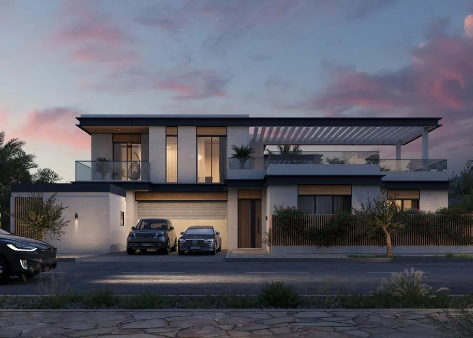 Wadeem: flat-roofed villa with a pergola at dusk seen from the street, an example in Modon's design guidance, Modon image from the Wadeem brochure