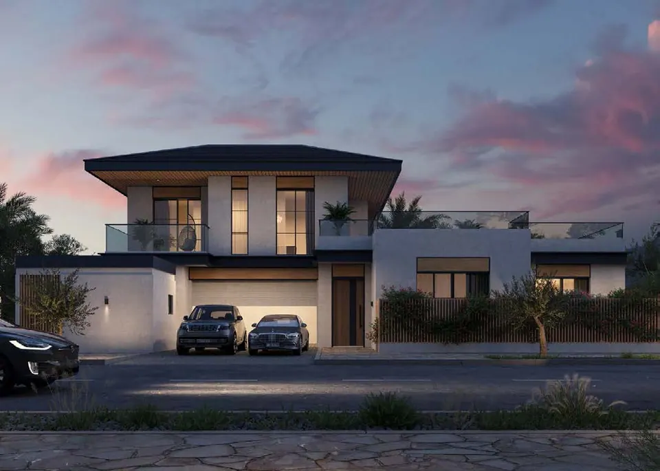 Wadeem: two-storey villa with a hipped roof at dusk seen from the street, an example in Modon's design guidance, Modon image from the Wadeem brochure