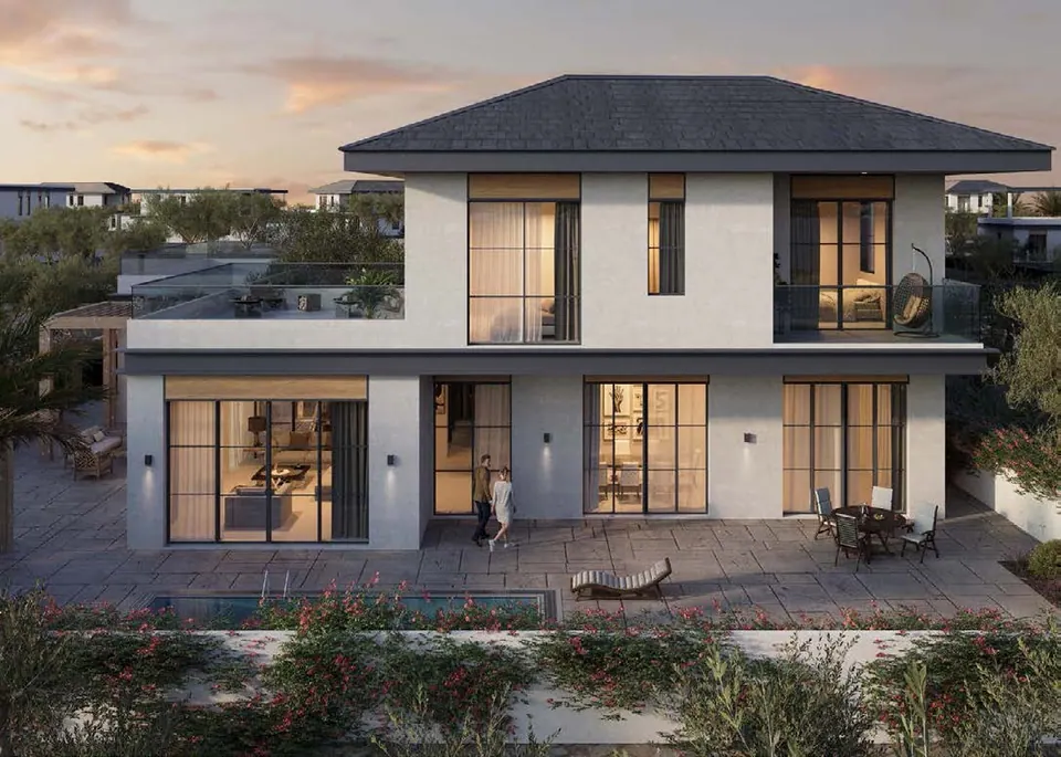 Wadeem: villa with a hipped roof and terrace at dusk, an example in Modon's design guidance, Modon image from the Wadeem brochure