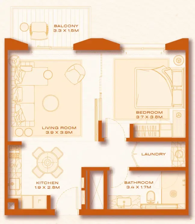 Avenew 888 - Loom 1 bed floor plan, 641 sqft