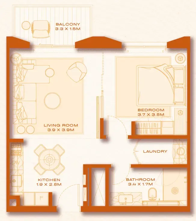 Avenew 888 - Loom 1 bed floor plan, 640 sqft