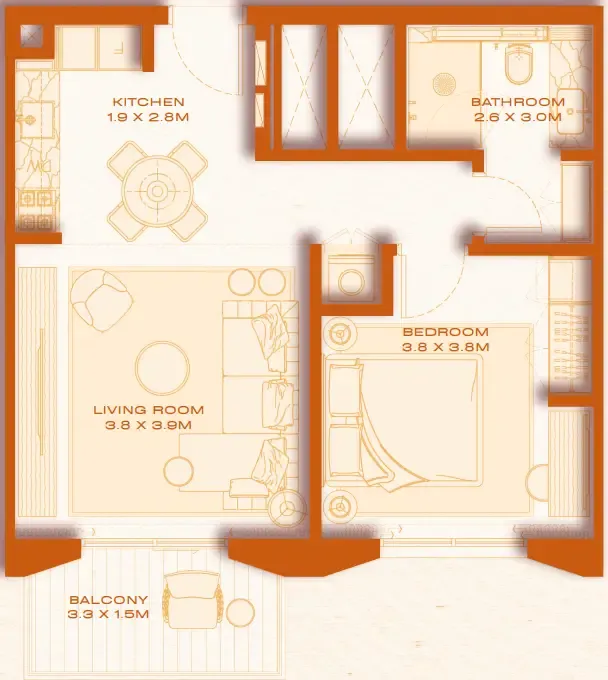 Avenew 888 - Loom 1 bed floor plan, 629 sqft