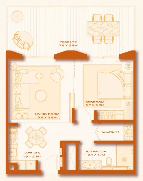 Avenew 888 - Loom 1 bed floor plan, 844 sqft