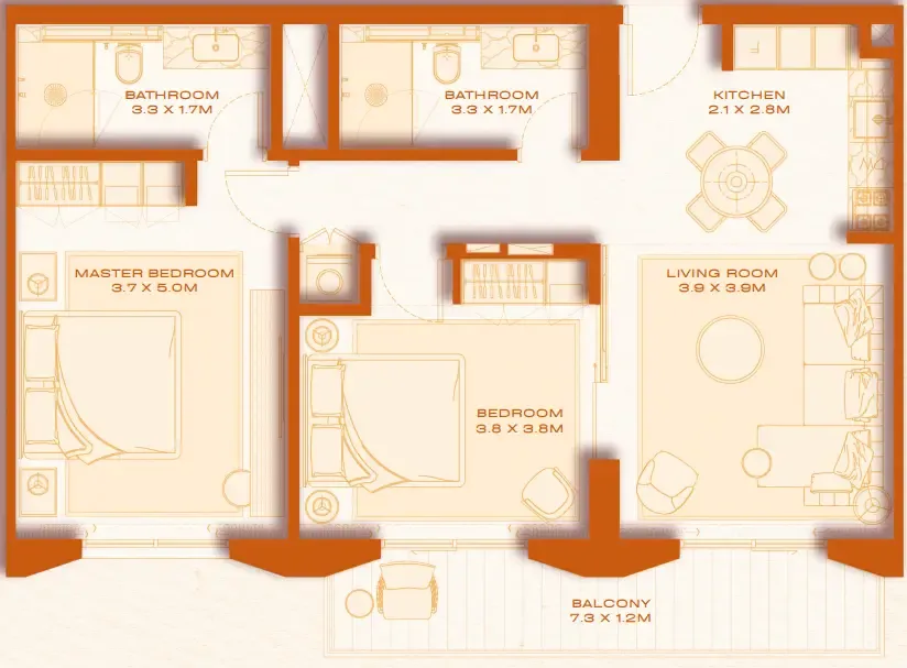 Avenew 888 - Loom 2 bed floor plan, 992 sqft