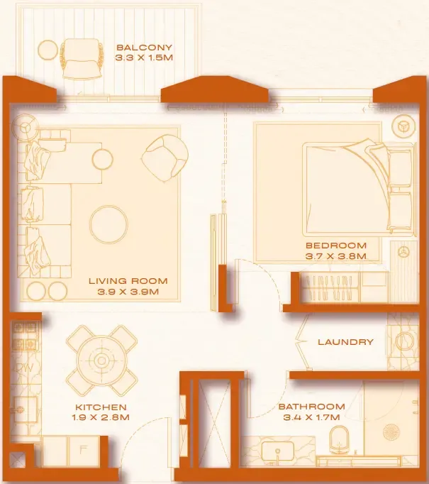 Avenew 888 - Loom 1 bed floor plan, 641 sqft