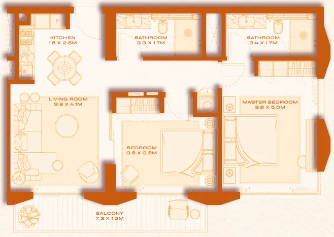 Avenew 888 - Loom 2 bed floor plan, 976 sqft