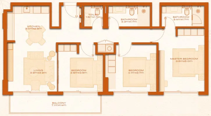 Avenew 888 - Modo 3 bed floor plan, 1,283 sqft